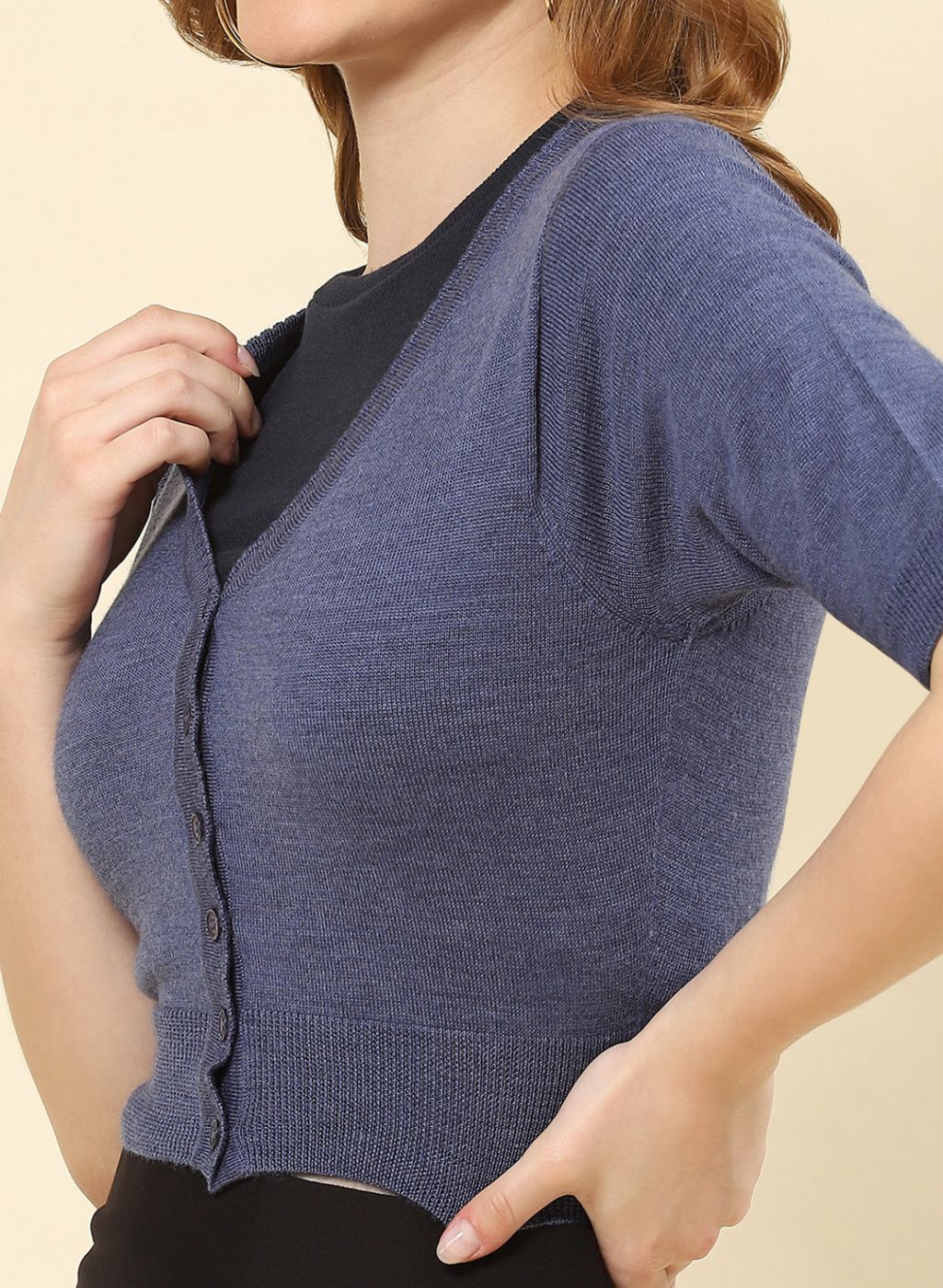 Women Blue Solid Pure wool Blouse