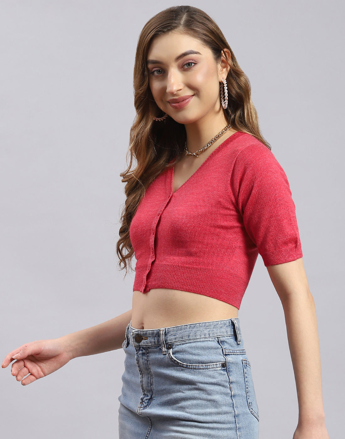 Women Red Solid V Neck Half Sleeve Blouse