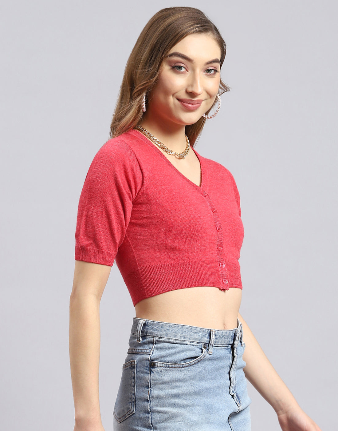 Women Red Solid V Neck Half Sleeve Blouse