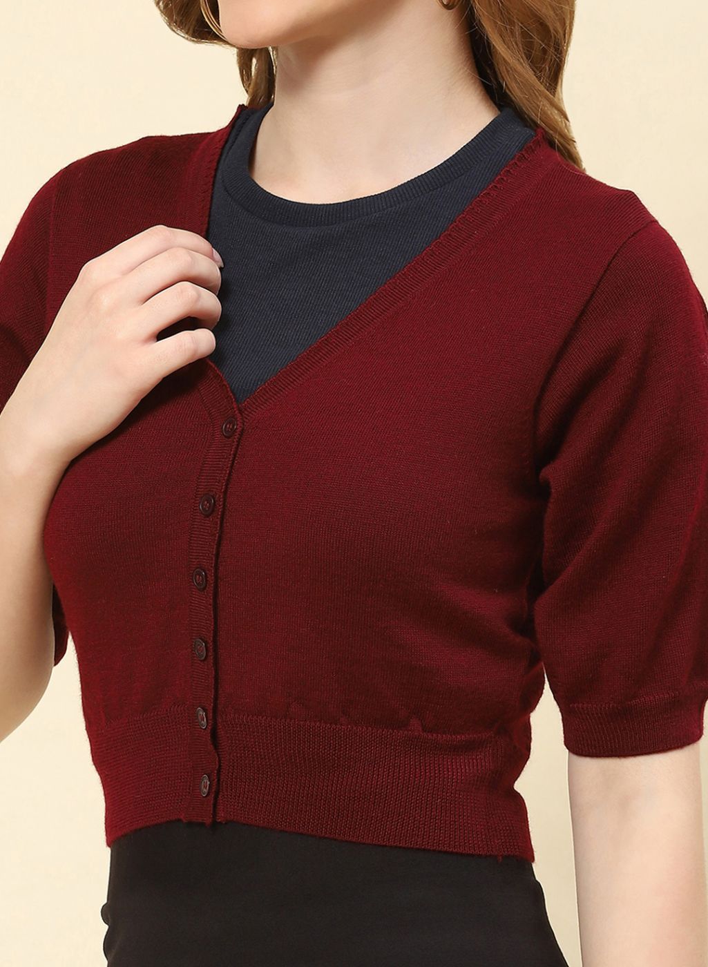 Women Maroon Solid Pure wool Blouse