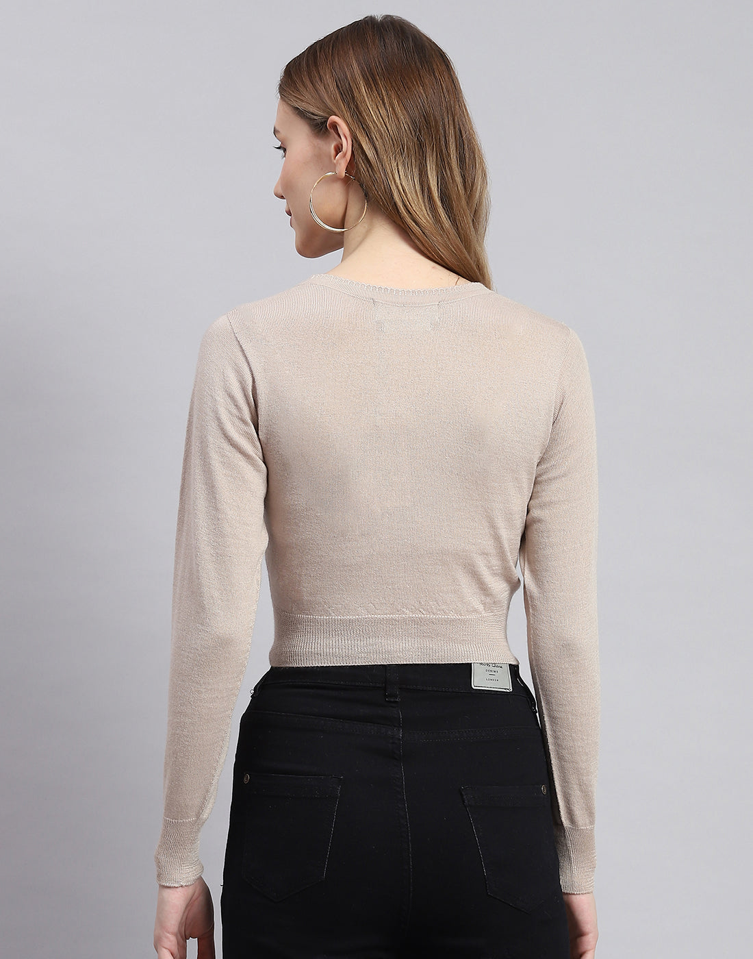 Women Beige Solid V Neck Full Sleeve Sweater