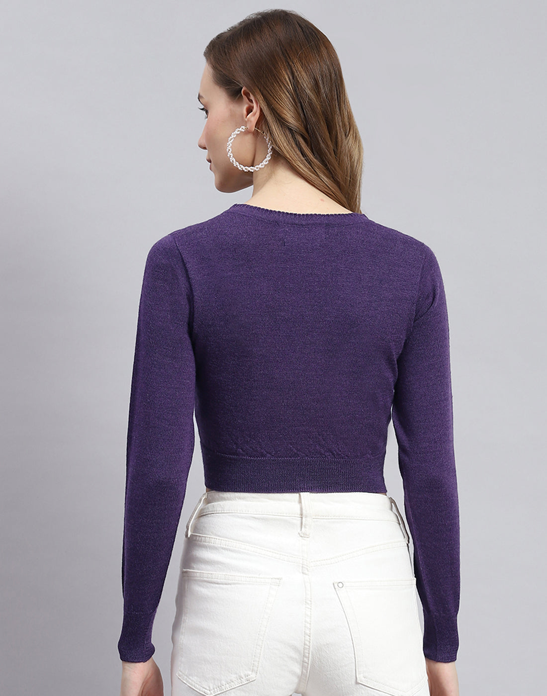 Women Purple Solid V Neck Full Sleeve Sweater