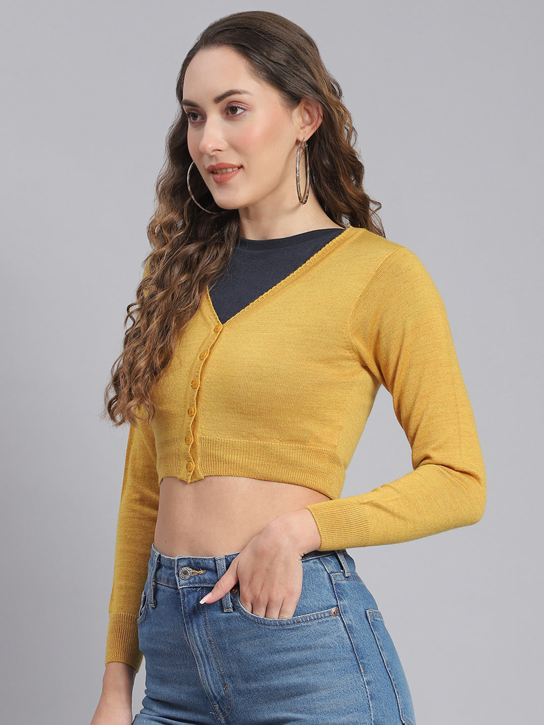 Women Mustard Solid V Neck Full Sleeve Sweater