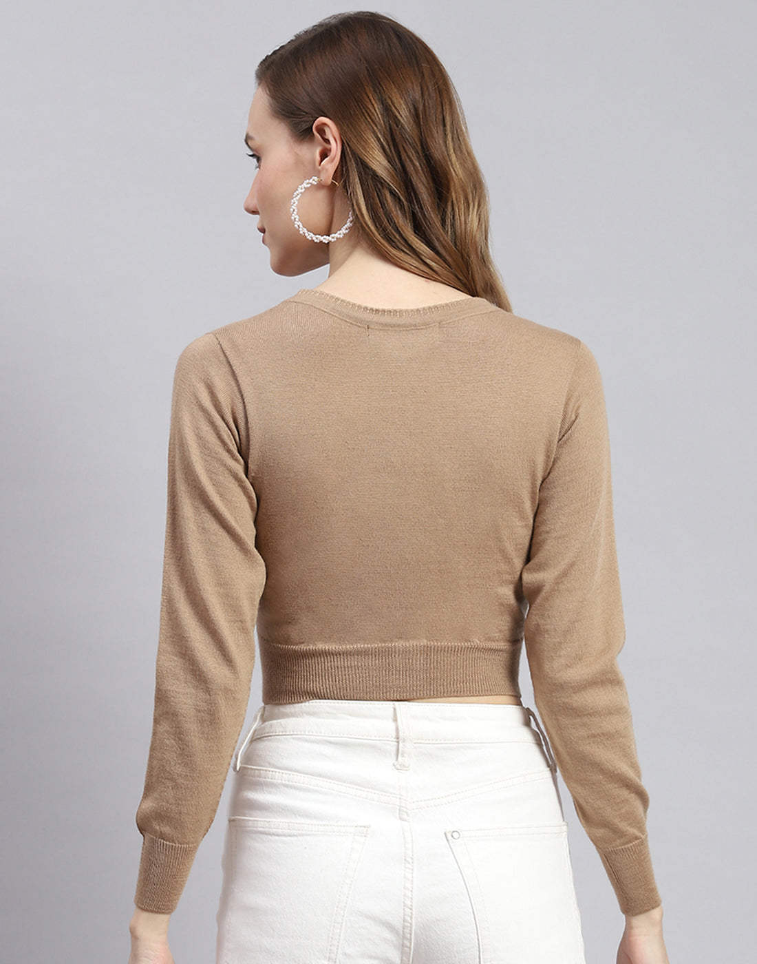 Women Brown Solid V Neck Full Sleeve Sweater
