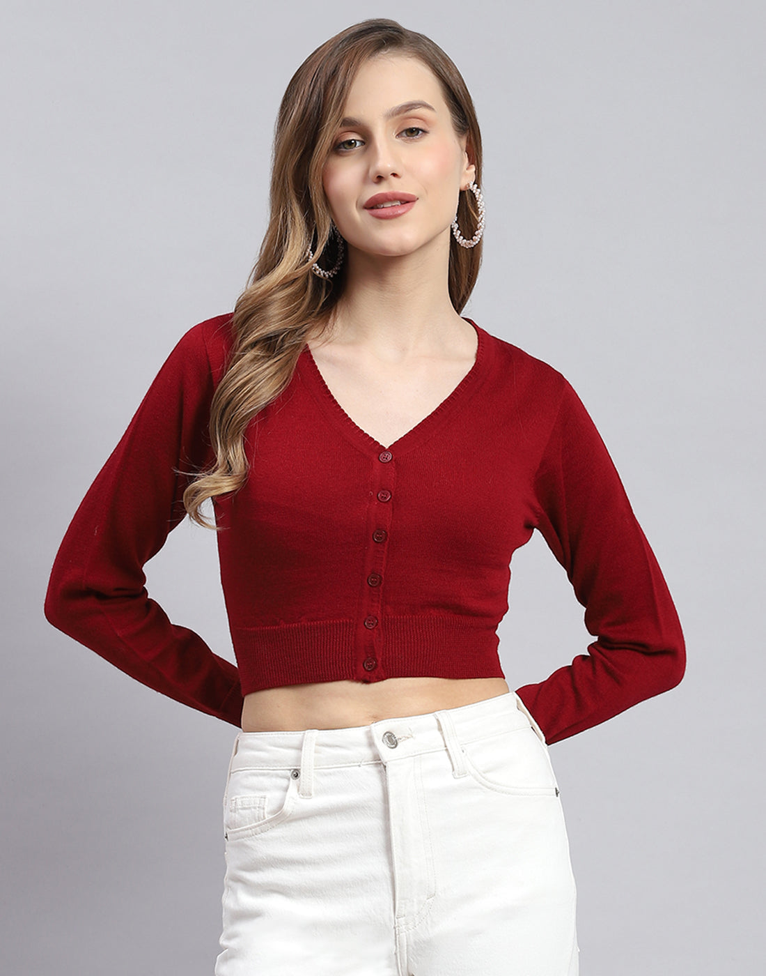 Women Maroon Solid V Neck Full Sleeve Sweater
