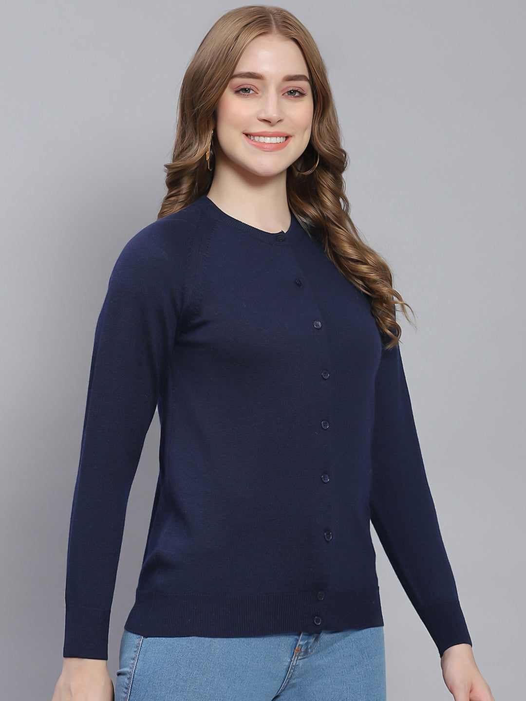 Women Navy Blue Solid Round Neck Full Sleeve Cardigans