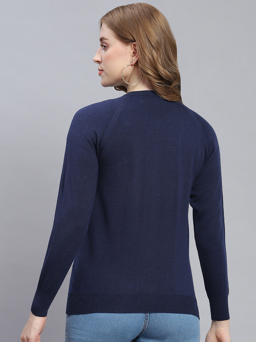 Women Navy Blue Solid Round Neck Full Sleeve Cardigans