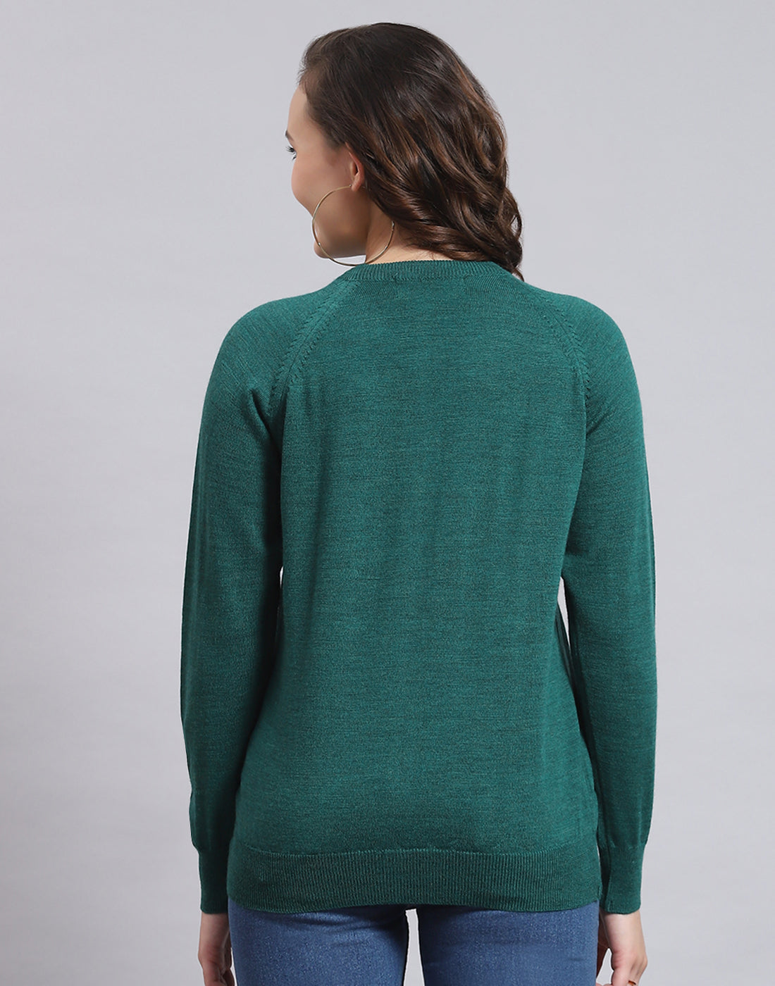 Women Teal Blue Solid Round Neck Full Sleeve Sweater