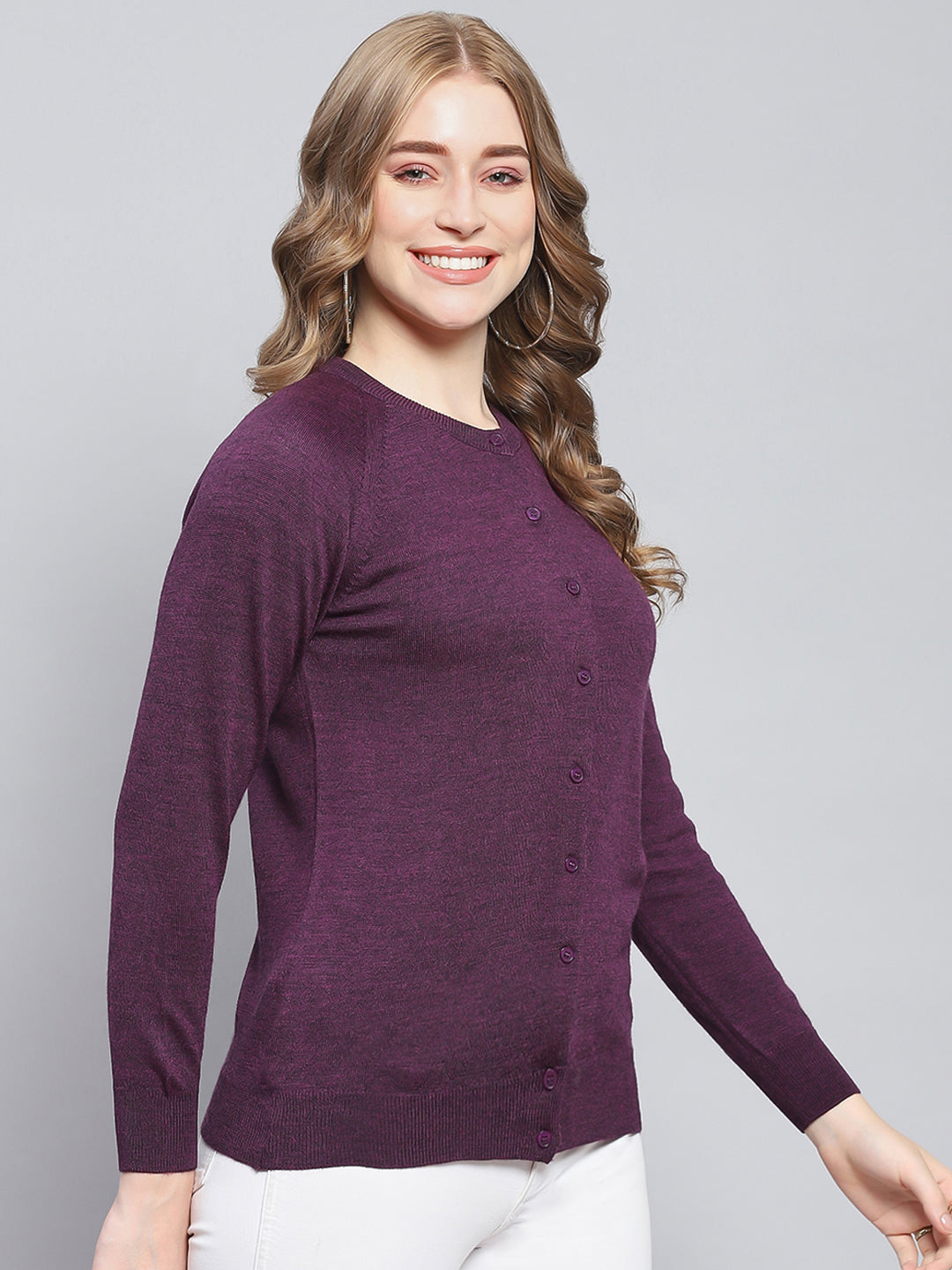 Women Purple Solid Round Neck Full Sleeve Cardigans