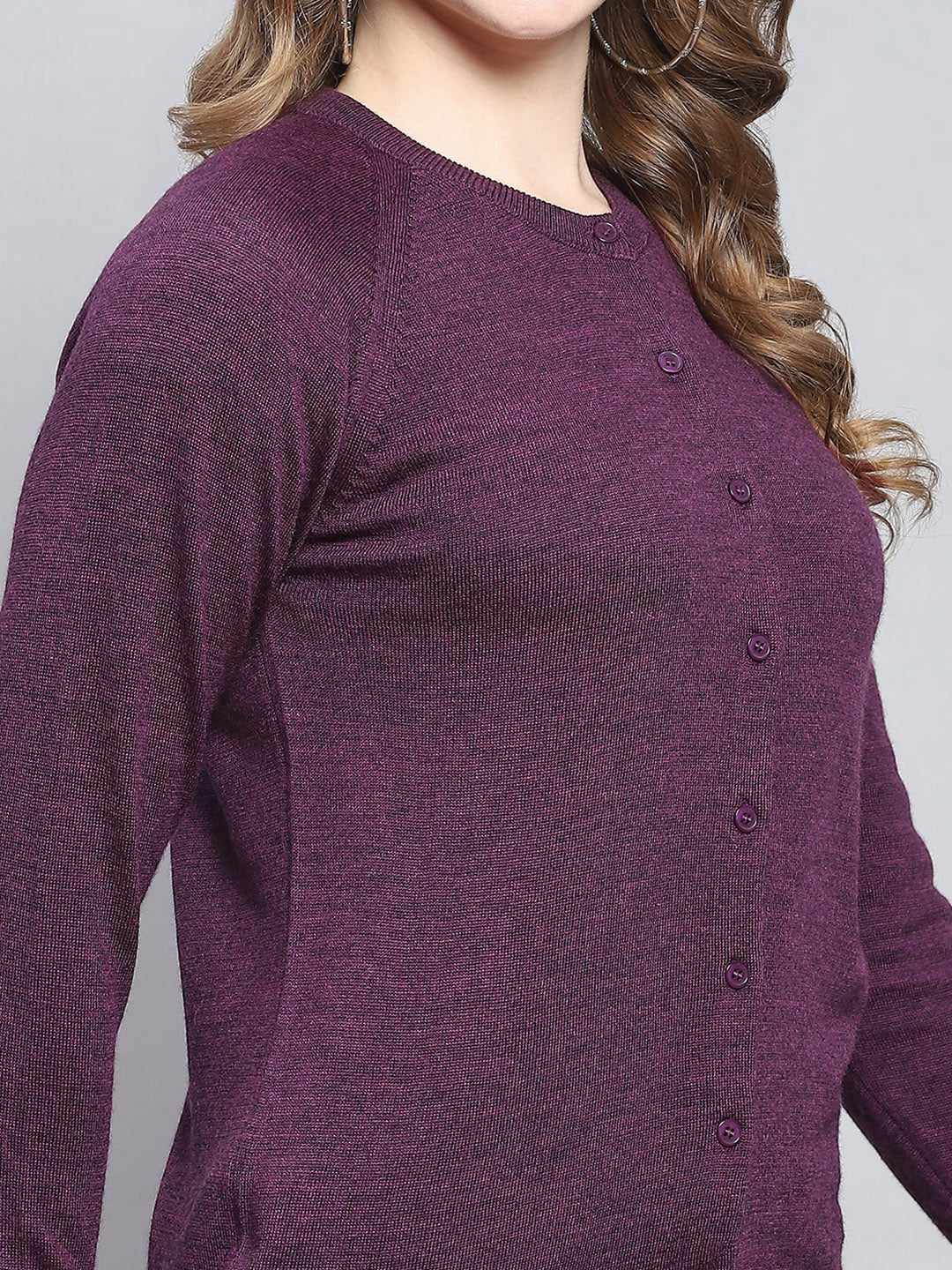 Women Purple Solid Round Neck Full Sleeve Cardigans