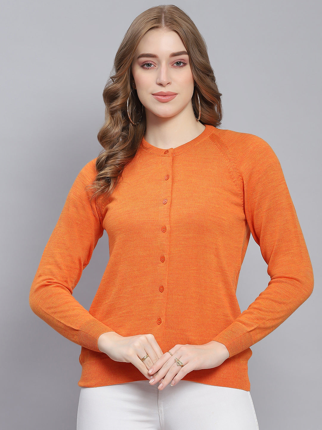 Women Orange Solid Round Neck Full Sleeve Cardigans