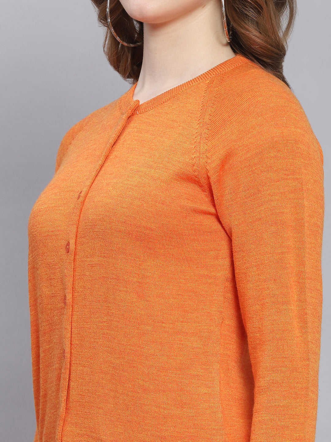 Women Orange Solid Round Neck Full Sleeve Cardigans
