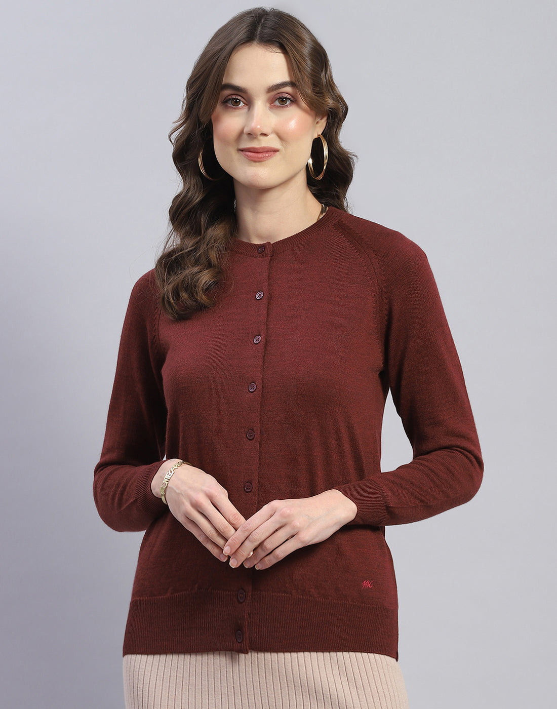 Women Maroon Solid Round Neck Full Sleeve Cardigan