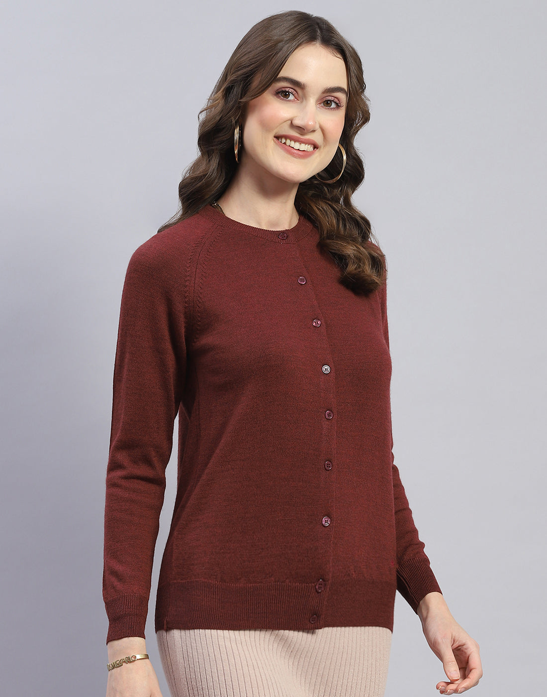 Women Maroon Solid Round Neck Full Sleeve Cardigan