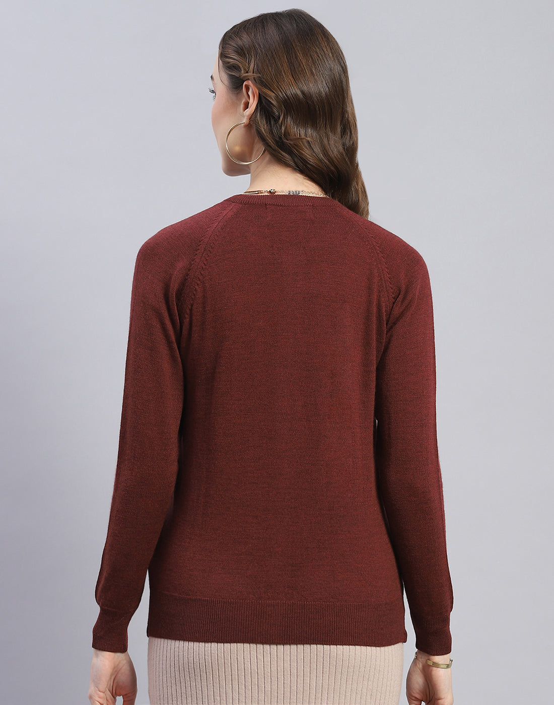 Women Maroon Solid Round Neck Full Sleeve Cardigan