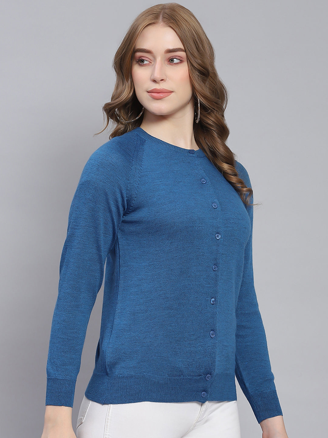 Women Teal Blue Solid Round Neck Full Sleeve Cardigans