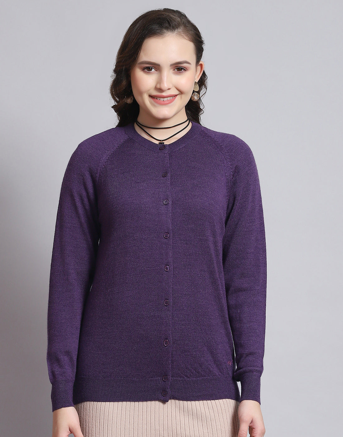 Women Purple Solid Round Neck Full Sleeve Sweater