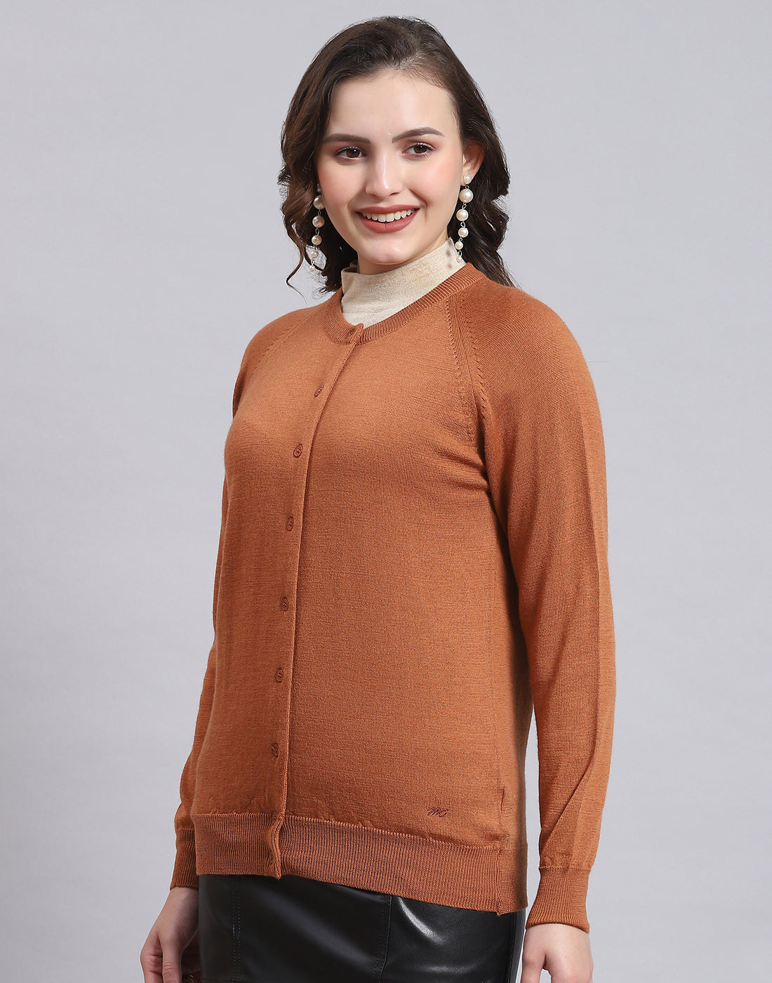 Women Brown Solid Round Neck Full Sleeve Sweater