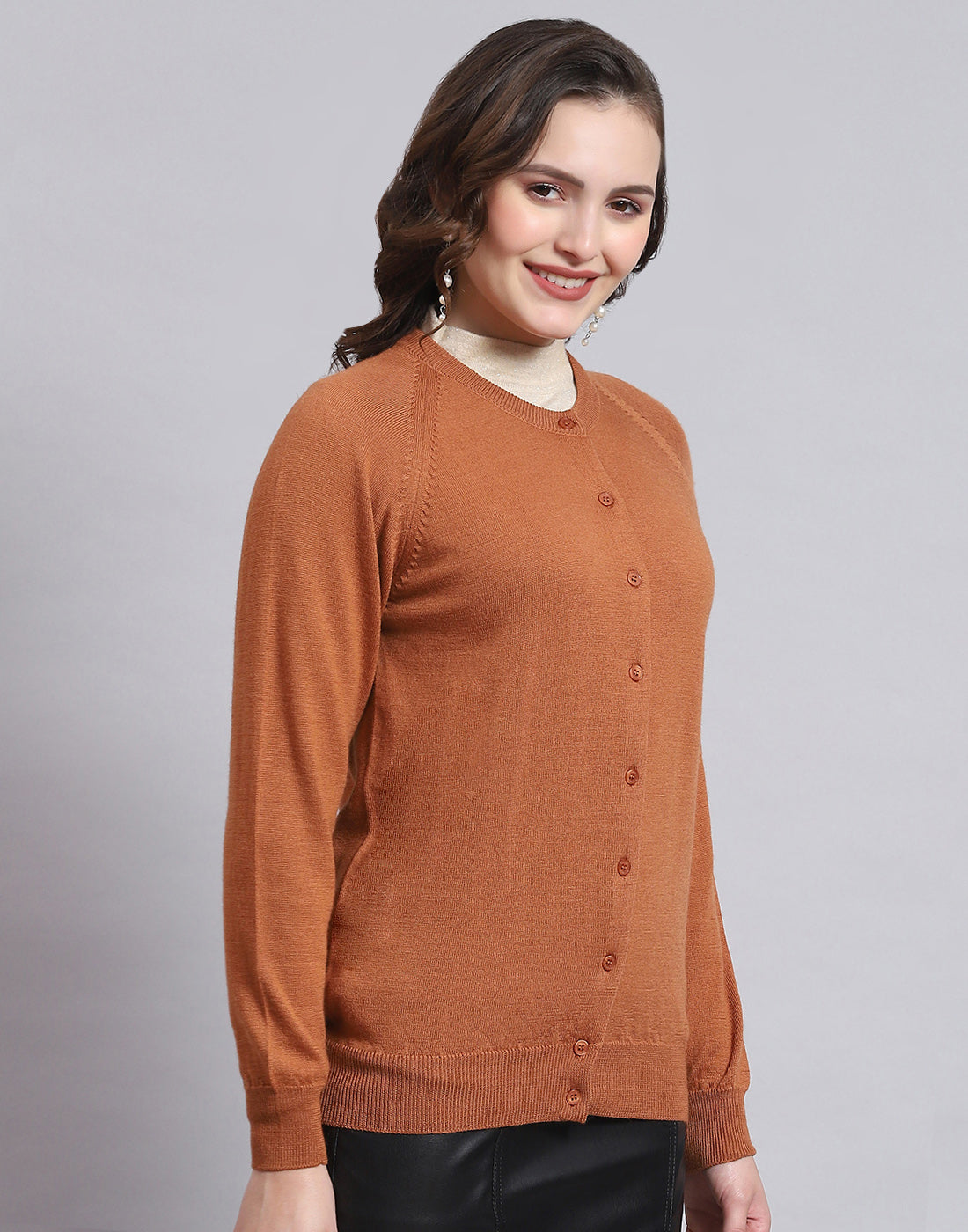 Women Brown Solid Round Neck Full Sleeve Sweater