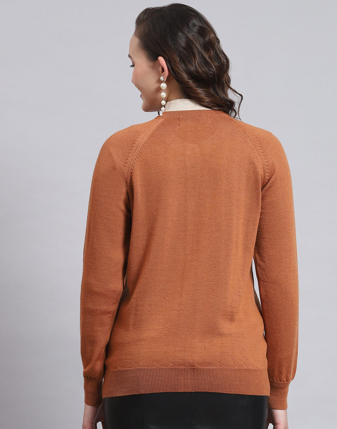 Women Brown Solid Round Neck Full Sleeve Sweater