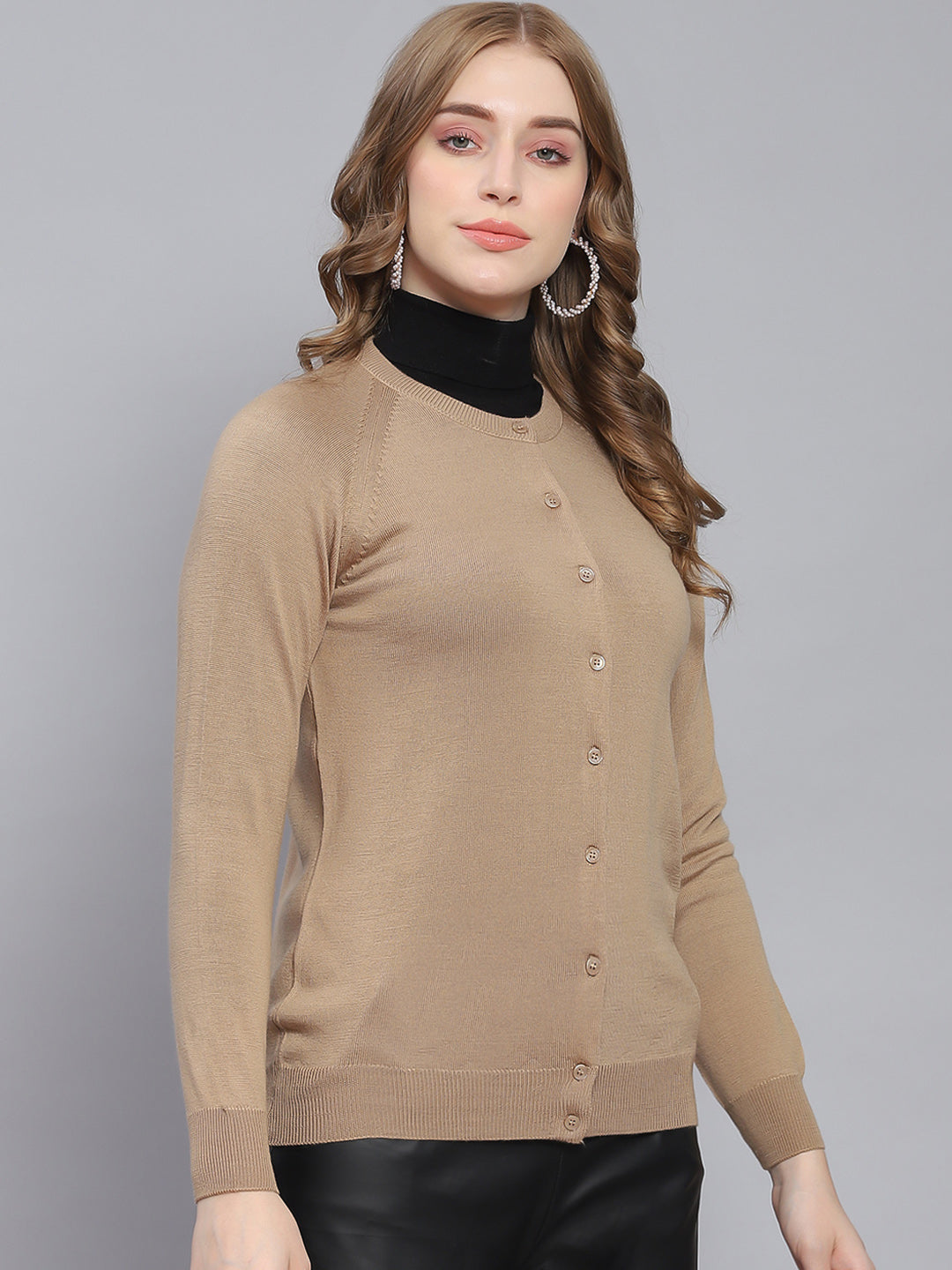 Women Brown Solid Round Neck Full Sleeve Cardigans