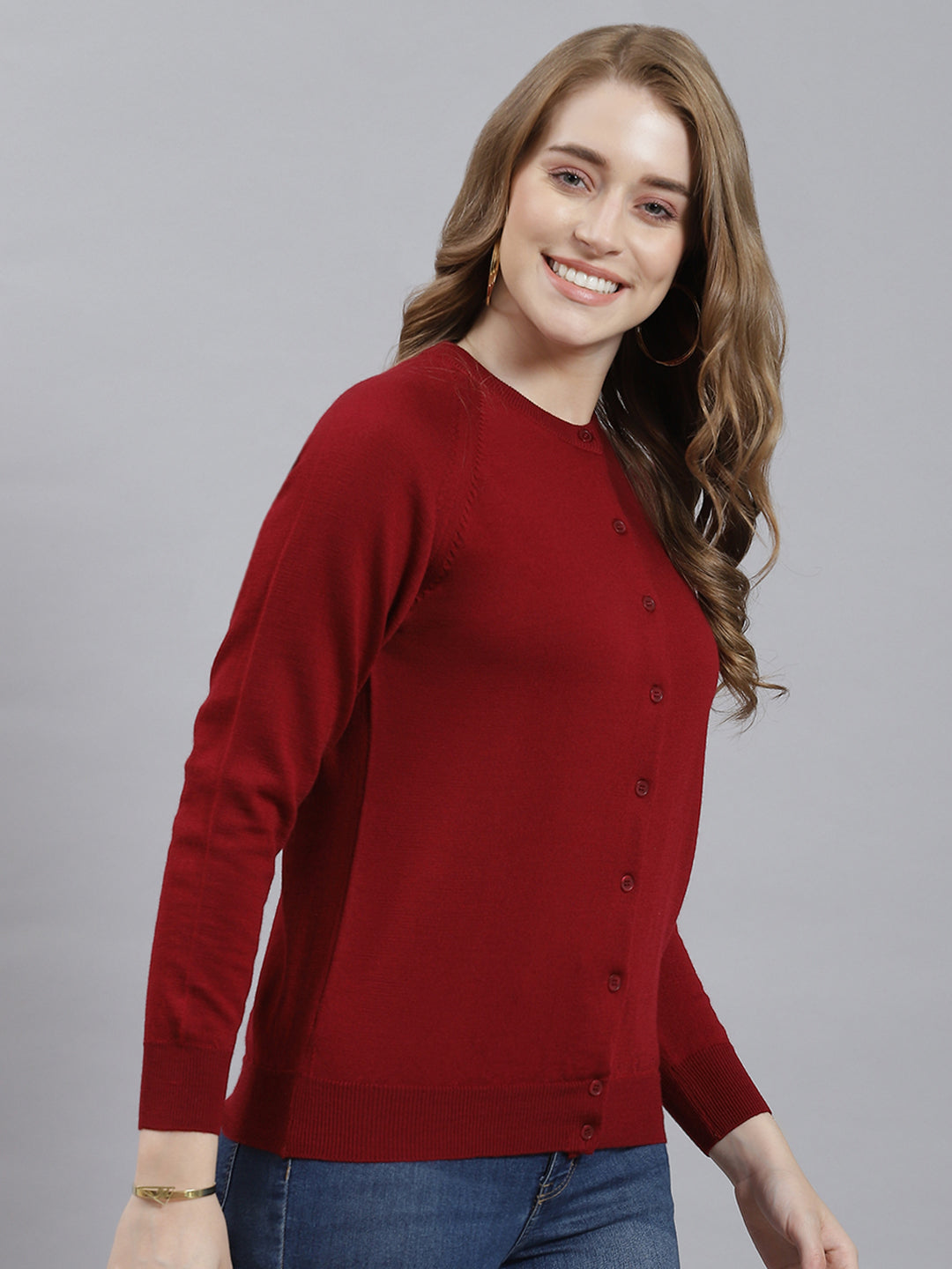 Women Maroon Solid Cardigan