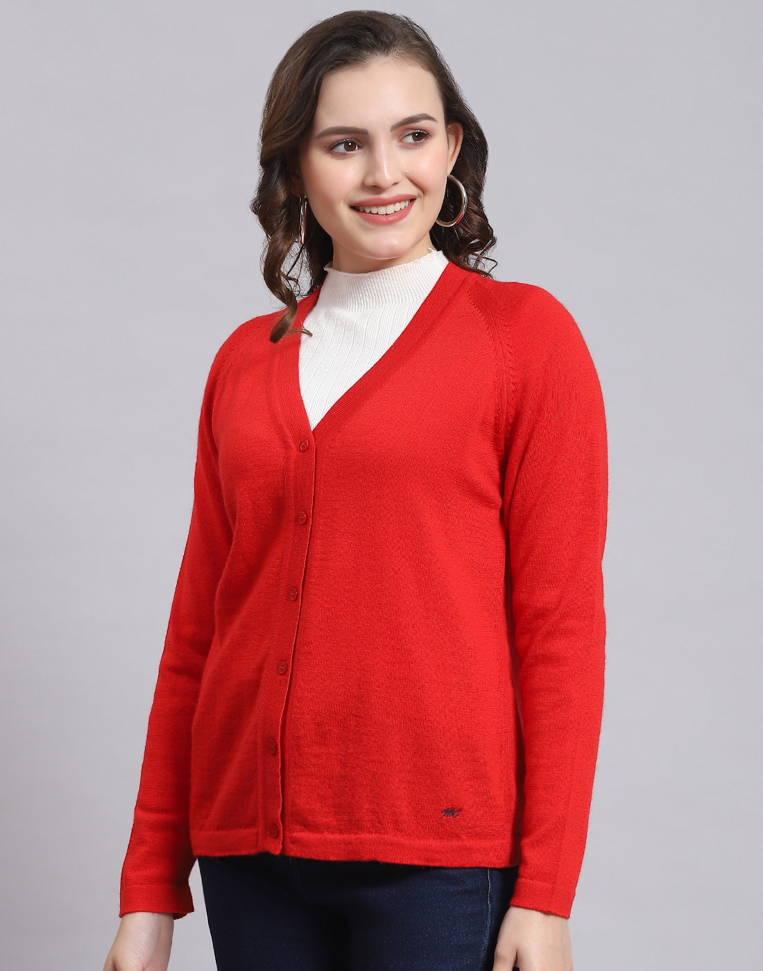 Women Red Solid V Neck Full Sleeve Sweater