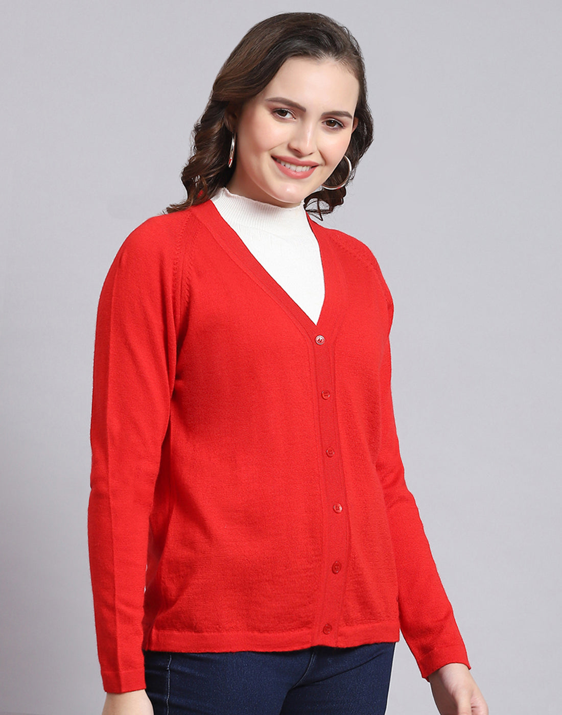 Women Red Solid V Neck Full Sleeve Sweater