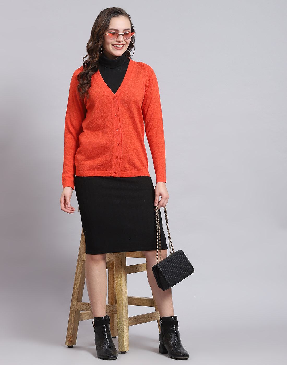 Women Orange Solid V Neck Full Sleeve Sweater