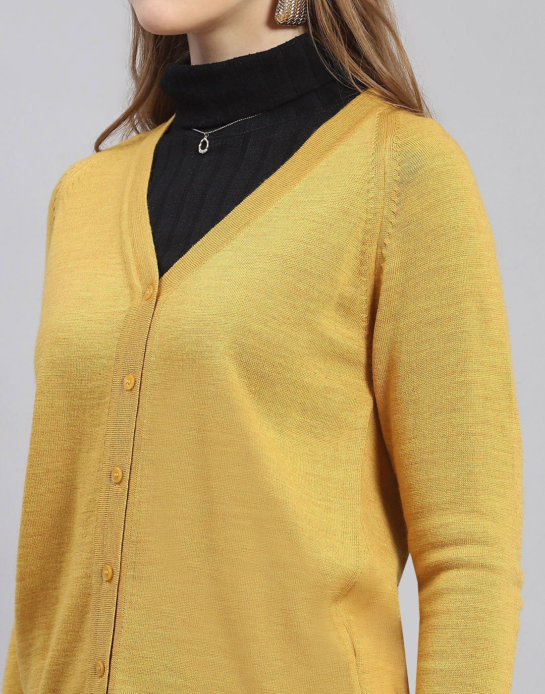 Women Mustard Solid V Neck Full Sleeve Cardigan