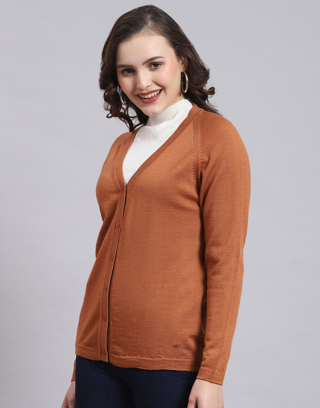 Women Brown Solid V Neck Full Sleeve Sweater