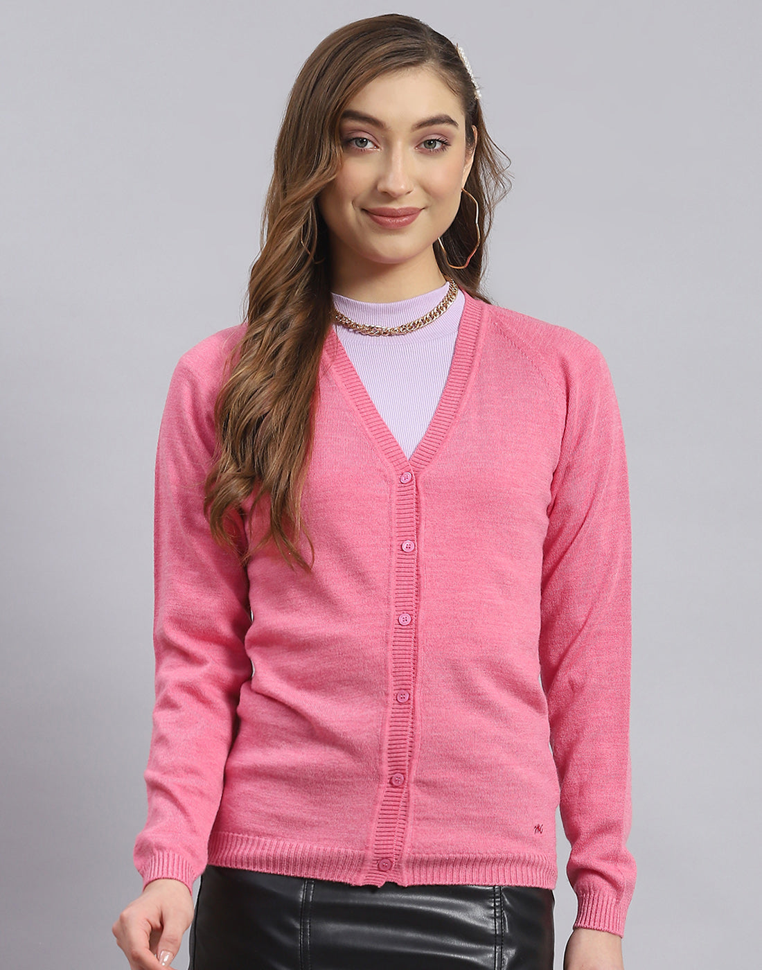 Women Pink Solid V Neck Full Sleeve Sweater