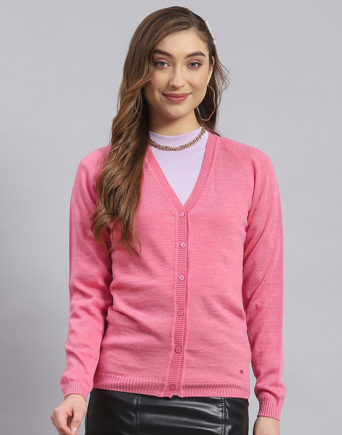 Women Pink Solid V Neck Full Sleeve Sweater - Main Image