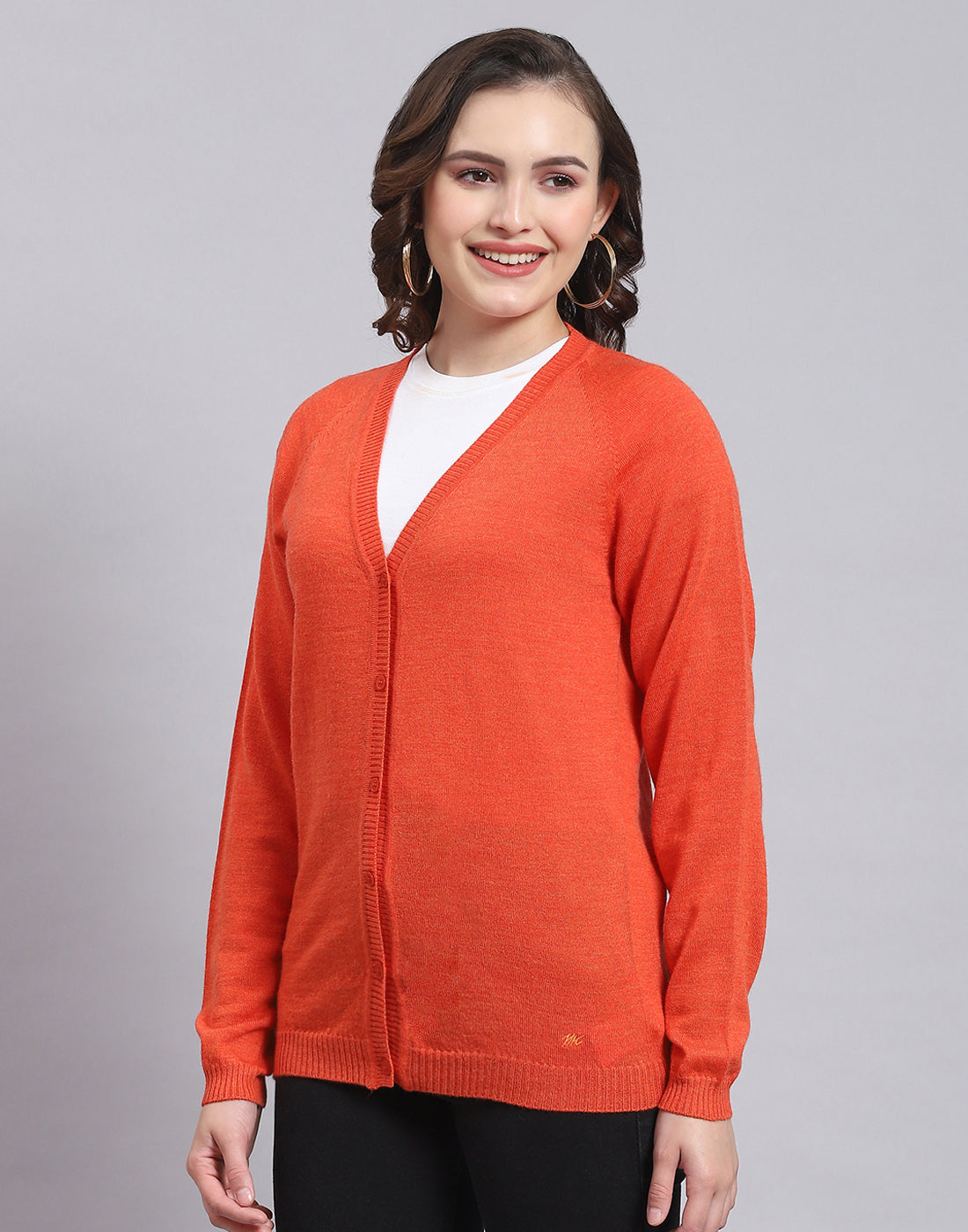 Women Orange Solid V Neck Full Sleeve Sweater