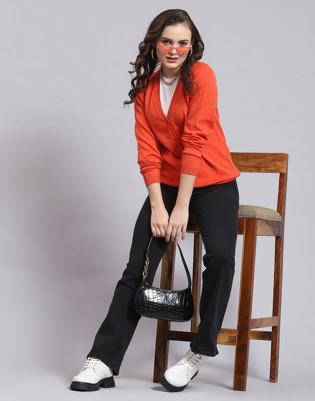 Women Orange Solid V Neck Full Sleeve Sweater