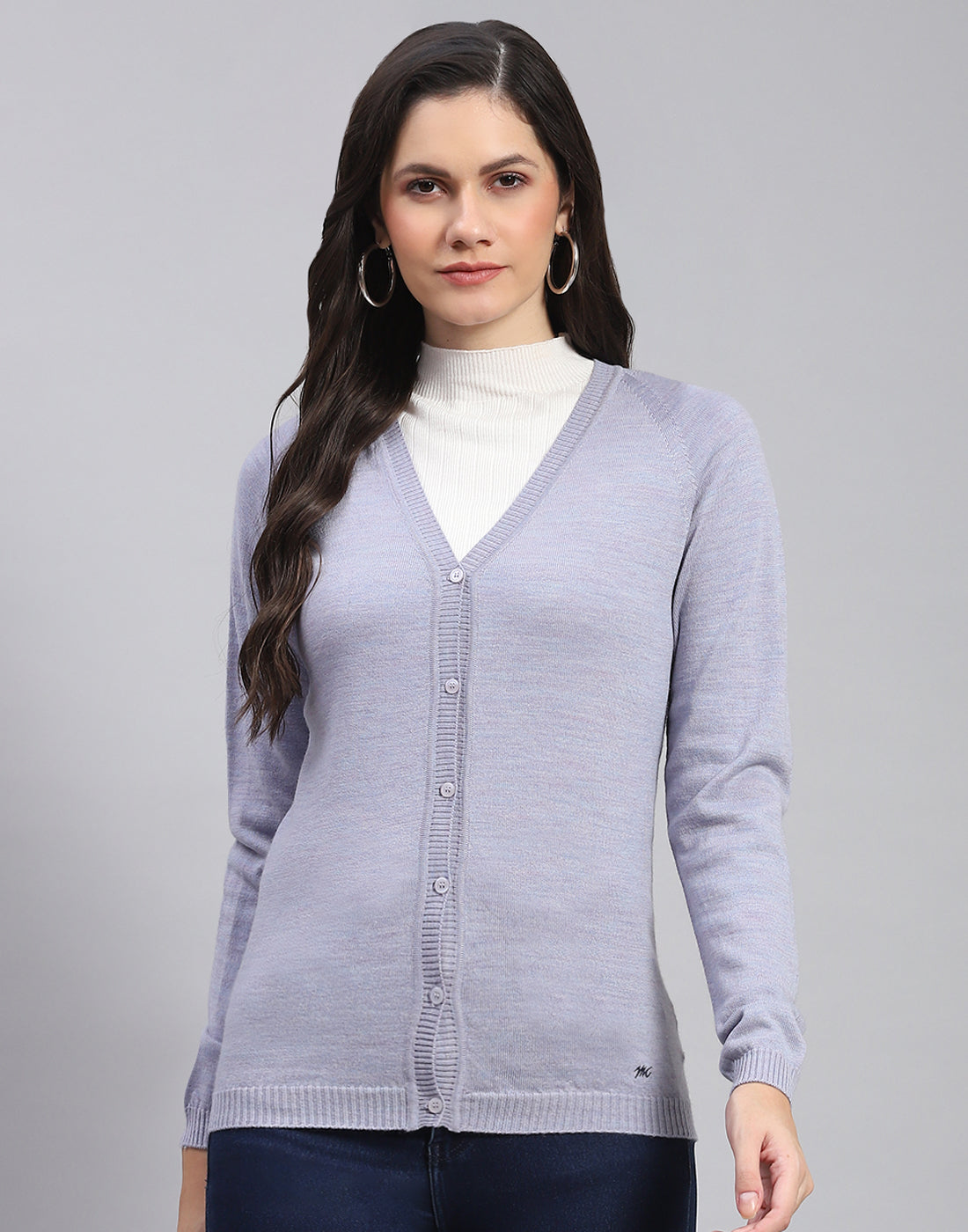 Women Grey Solid V Neck Full Sleeve Cardigan