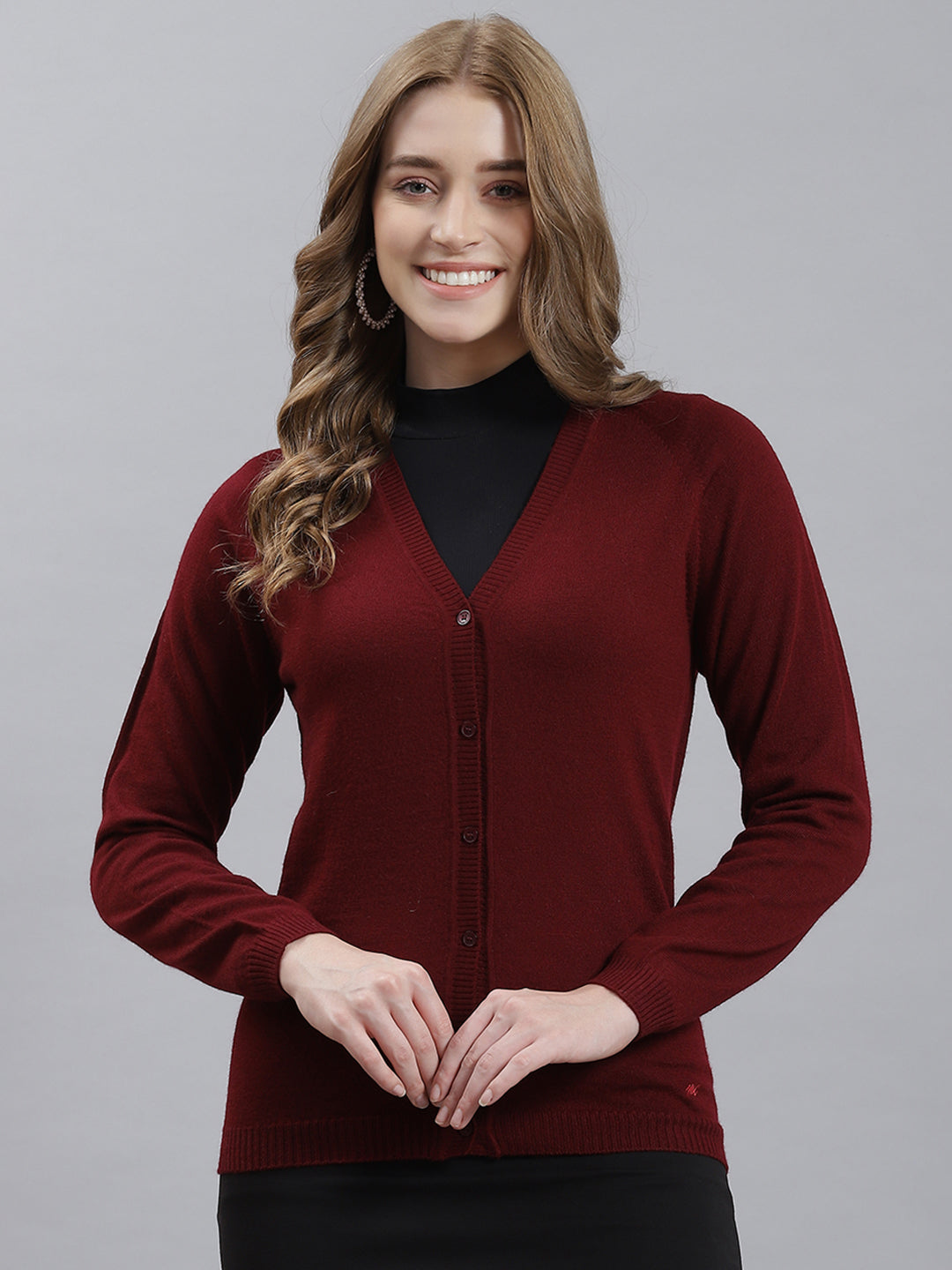 Women Maroon Solid Cardigan