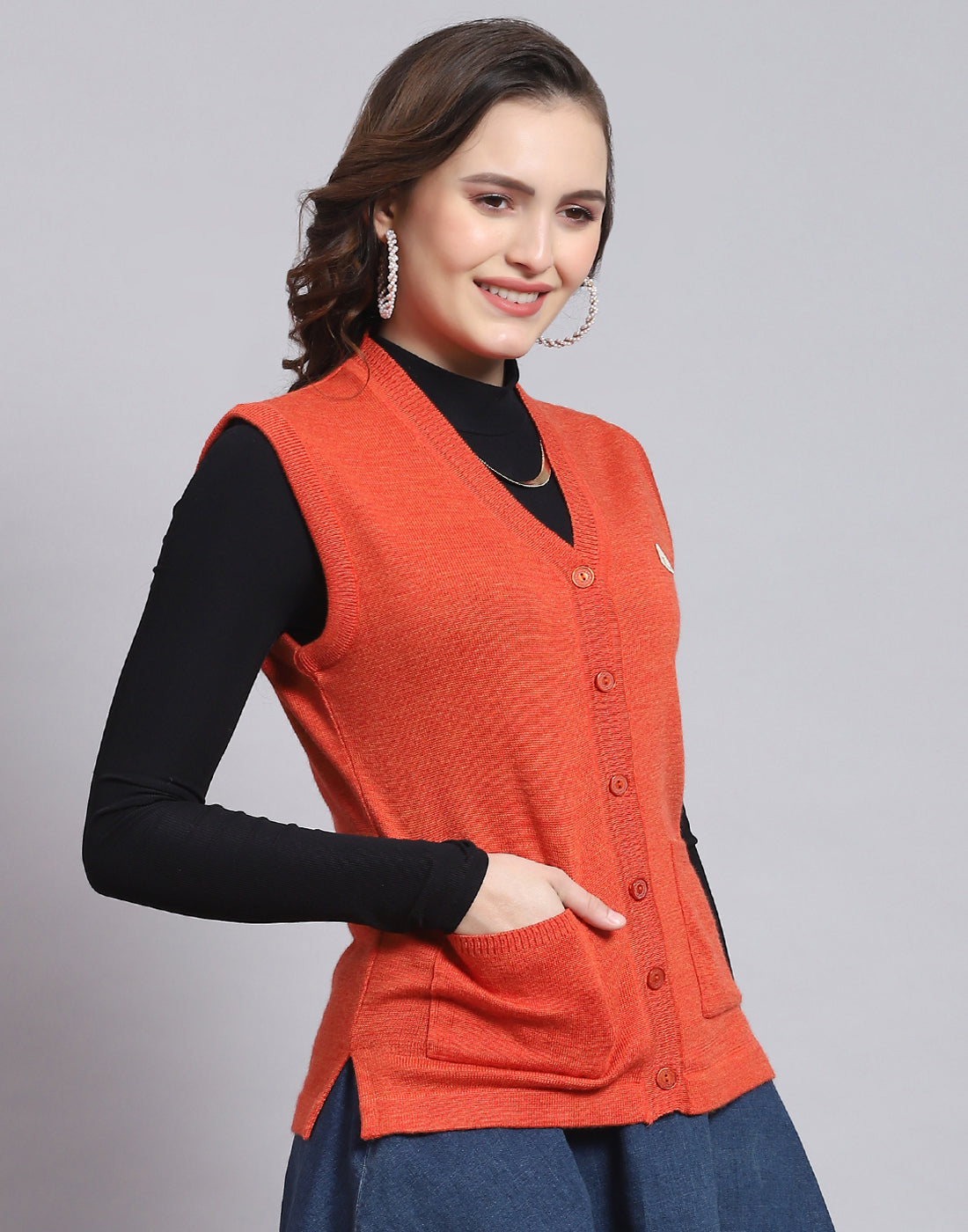 Women Orange Solid V Neck Sleeveless Sweater