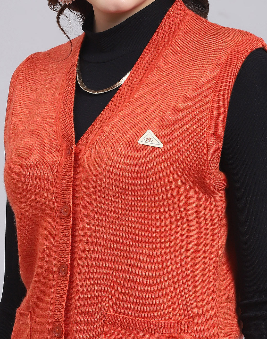 Women Orange Solid V Neck Sleeveless Sweater