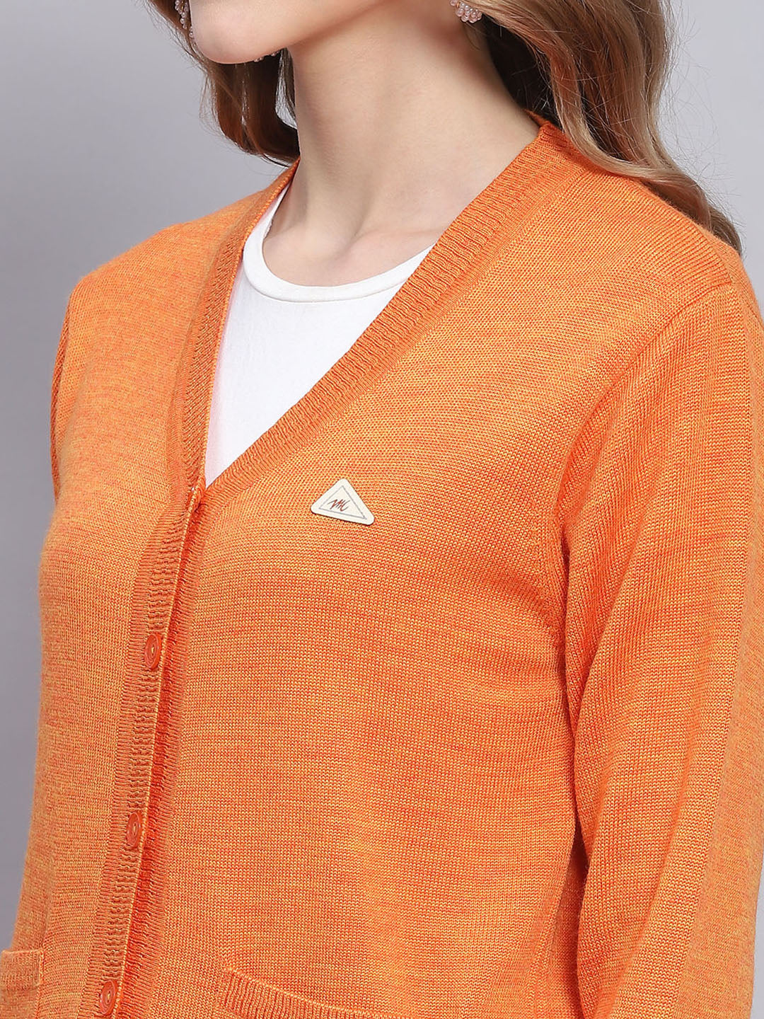 Women Orange Solid V Neck Full Sleeve Cardigans