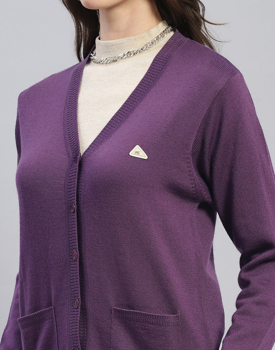 Women Purple Solid V Neck Full Sleeve Cardigan