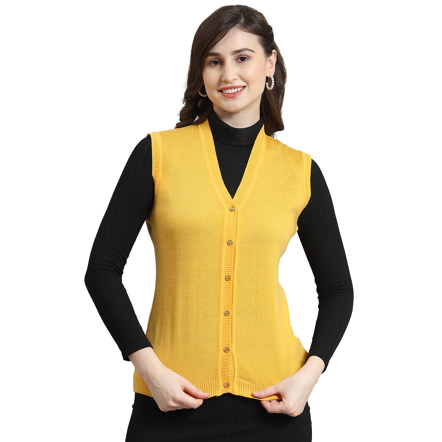 Women Yellow Solid V Neck Sleeveless Cardigan