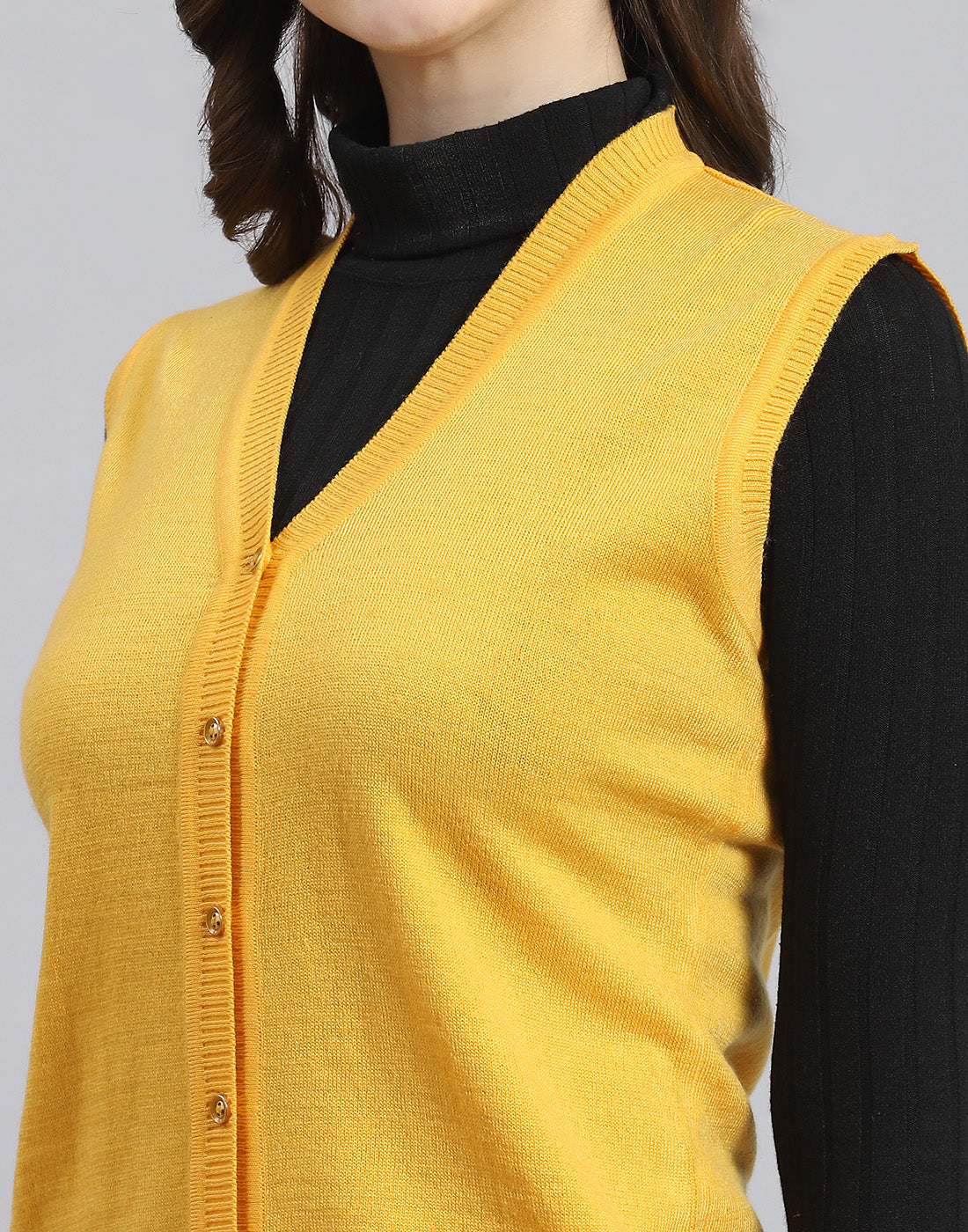 Women Yellow Solid V Neck Sleeveless Cardigan