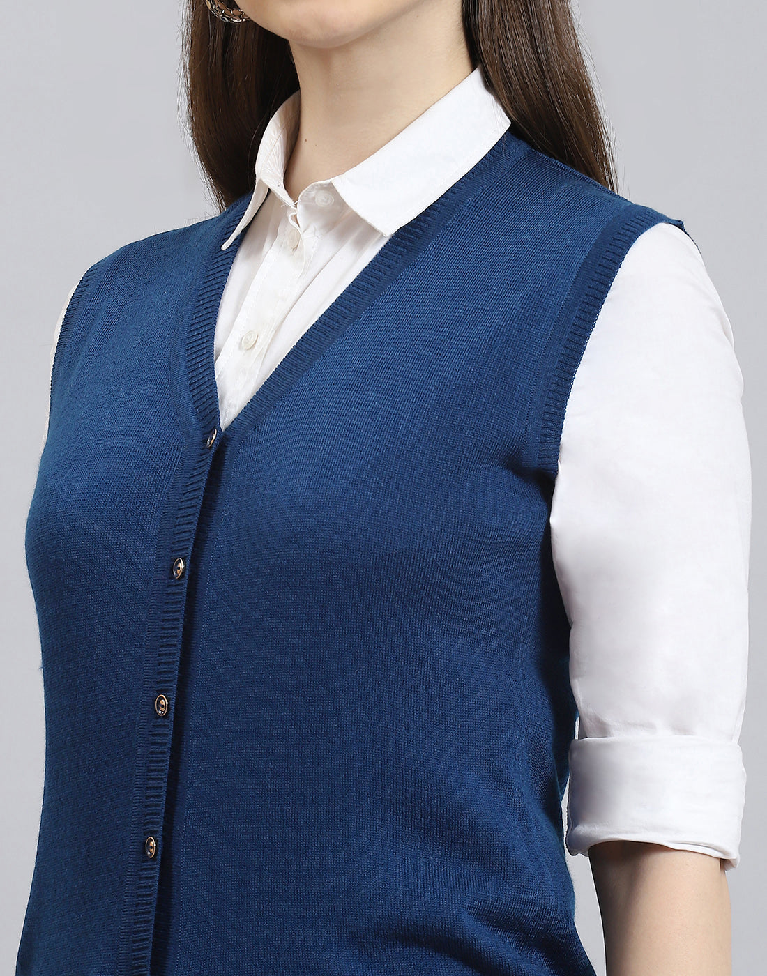 Women Blue Solid V Neck Sleeveless Cardigan