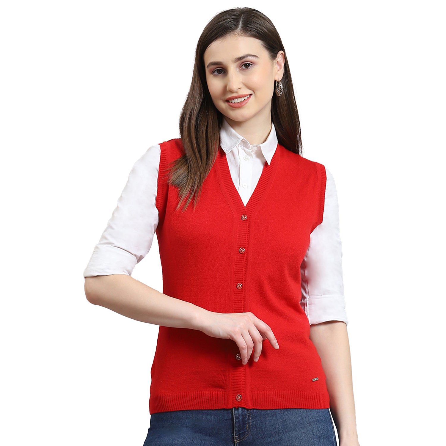 Women Red Solid V Neck Sleeveless Cardigan