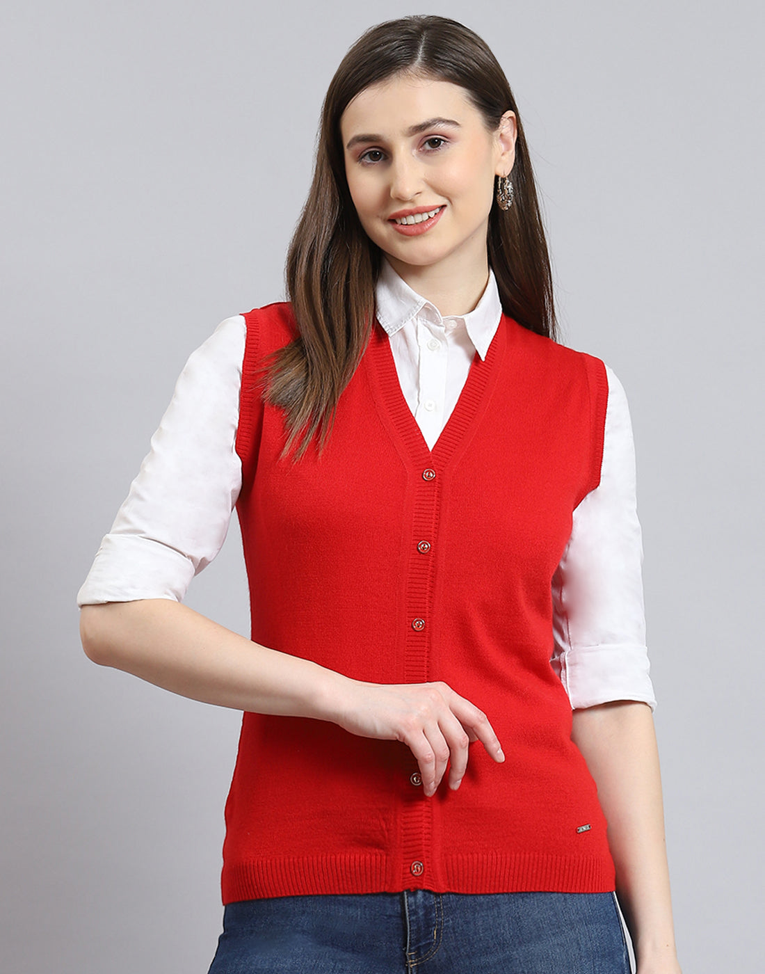 Women Red Solid V Neck Sleeveless Cardigan
