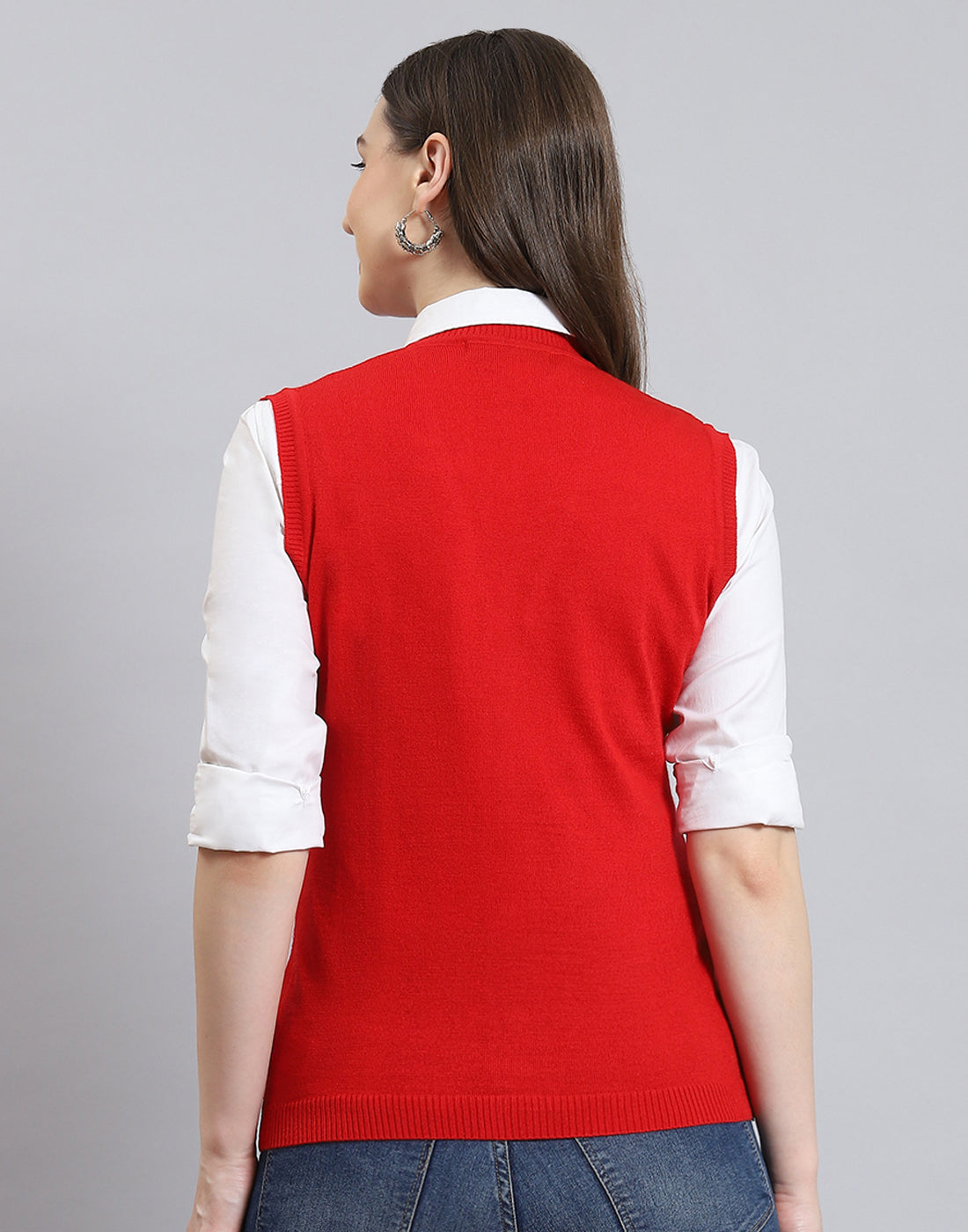 Women Red Solid V Neck Sleeveless Cardigan
