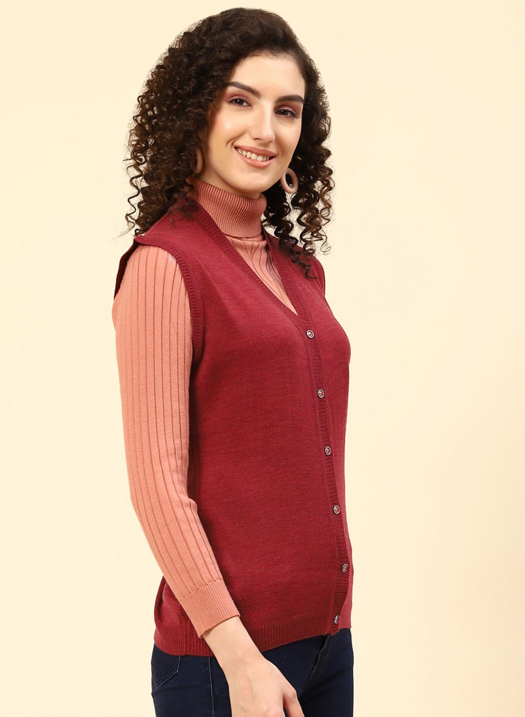 Women Maroon Solid Wool blend Cardigan