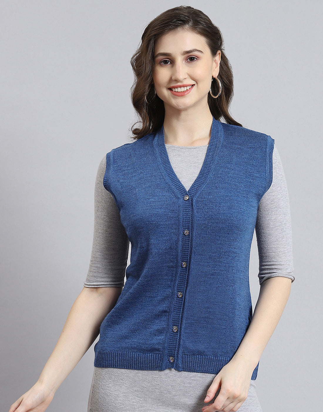 Women Blue Solid V Neck Sleeveless Cardigan