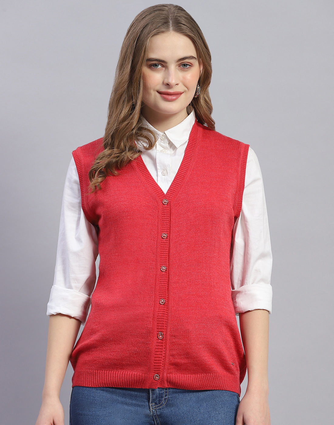 Women Pink Solid V Neck Sleeveless Cardigan